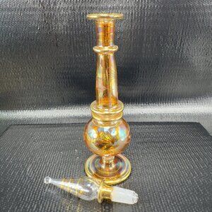 Vintage Egyptian Glass Perfume Bottle Decanter With Stopper Etched Amber Pattern